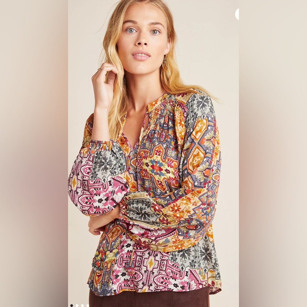 Anthropologie X Kachel Multicolor Ambrosia Peasant Blouse Size 4 Top Silk Blend
